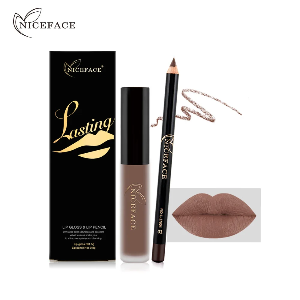 NICEFACE Lip Gloss + Lip Liner Combination Set Hot Selling Liquid Lipstick Non-stick Cup Not Fading