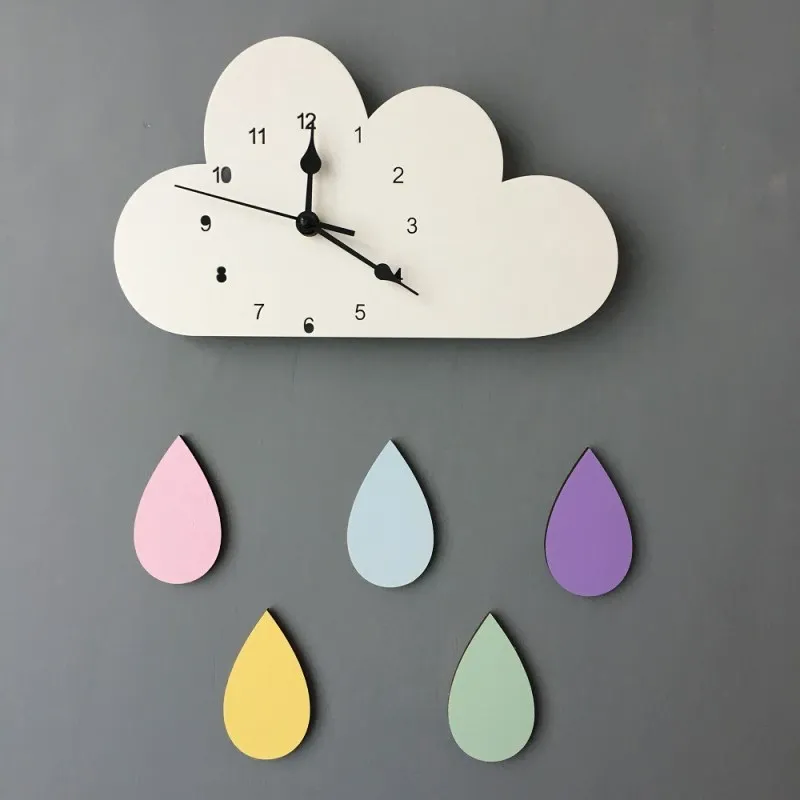 

INS Cloud Raindrops Wooden Silent Mute Clock Wall Ornaments Kids Room Decoration Wood Clocks Figurines Photo Props Nursery Decor