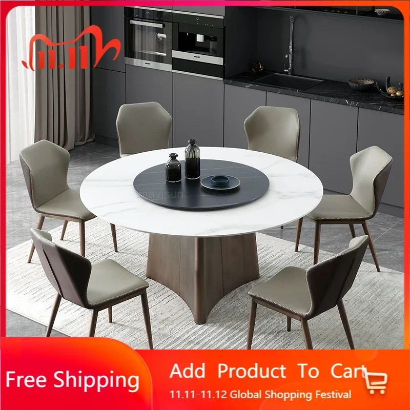 

New Modern Dining Room Furniture Light Luxury Combination Of Dining Table And Chairs Minimalist Large Apartment Rotary Table