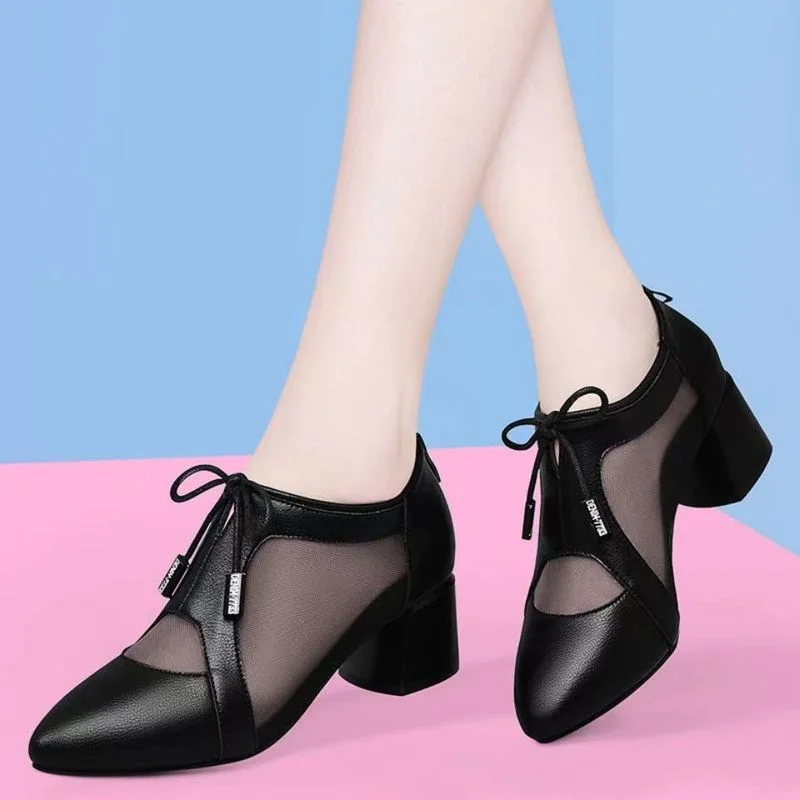 

2022 Summer Mesh Breathable Sandals with Rhinestone Decoration Shaped Heels Retro British Style Sandals Leather Boots Women New