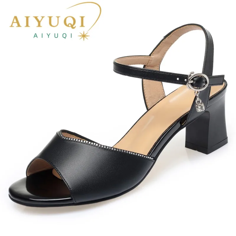 AIYUQI Women's Sandals Summer 2023 New Genuine Leather Women Sandals Mid Heel Fashion Dress Sandals Woman