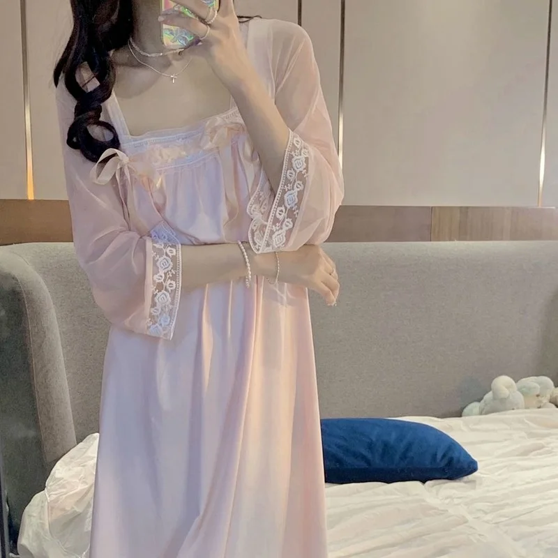 QWEEK Night Dress Women Sleepwear Lace Bow Kawaii Nightgowns Pink Green Girls Home Clothes Spring Autumn Sleepshirts