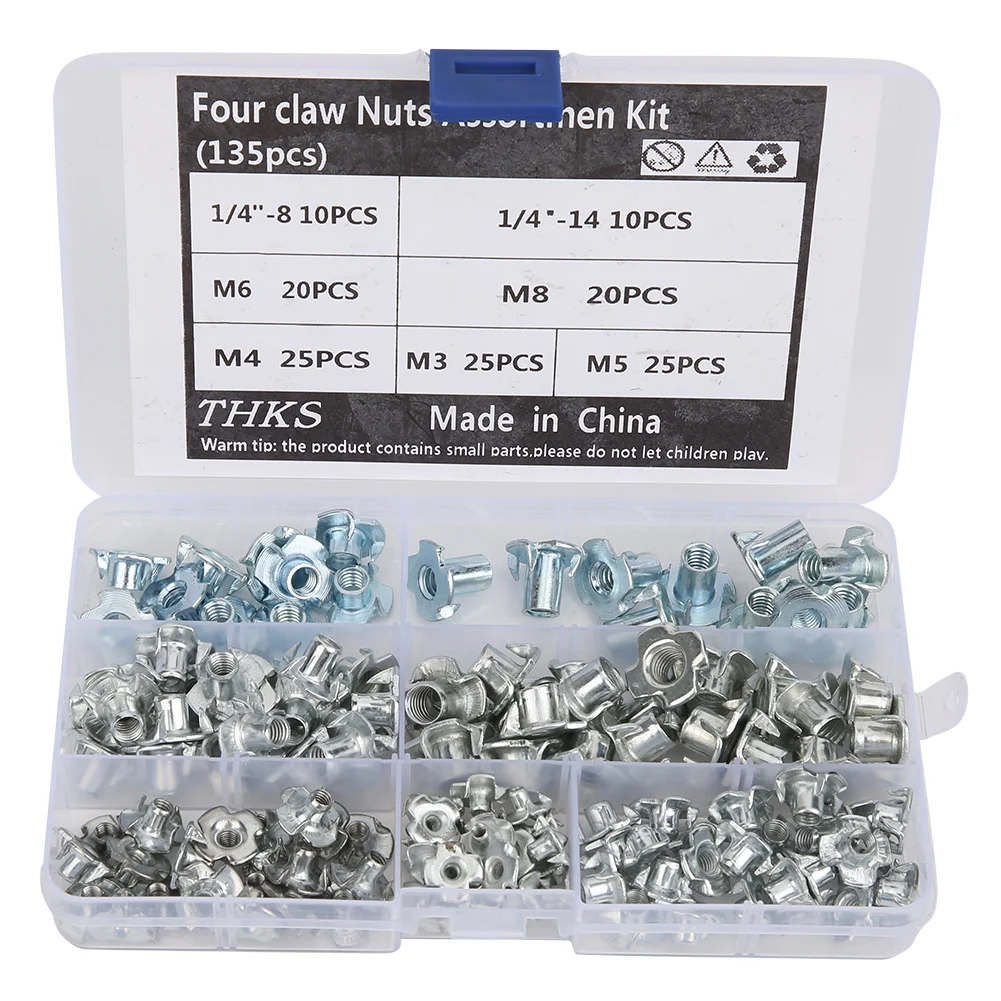 

135pcs Carbon Steel Four Claw Nut Assortment Kit for Furniture Cabinet Door Connection 135pcs