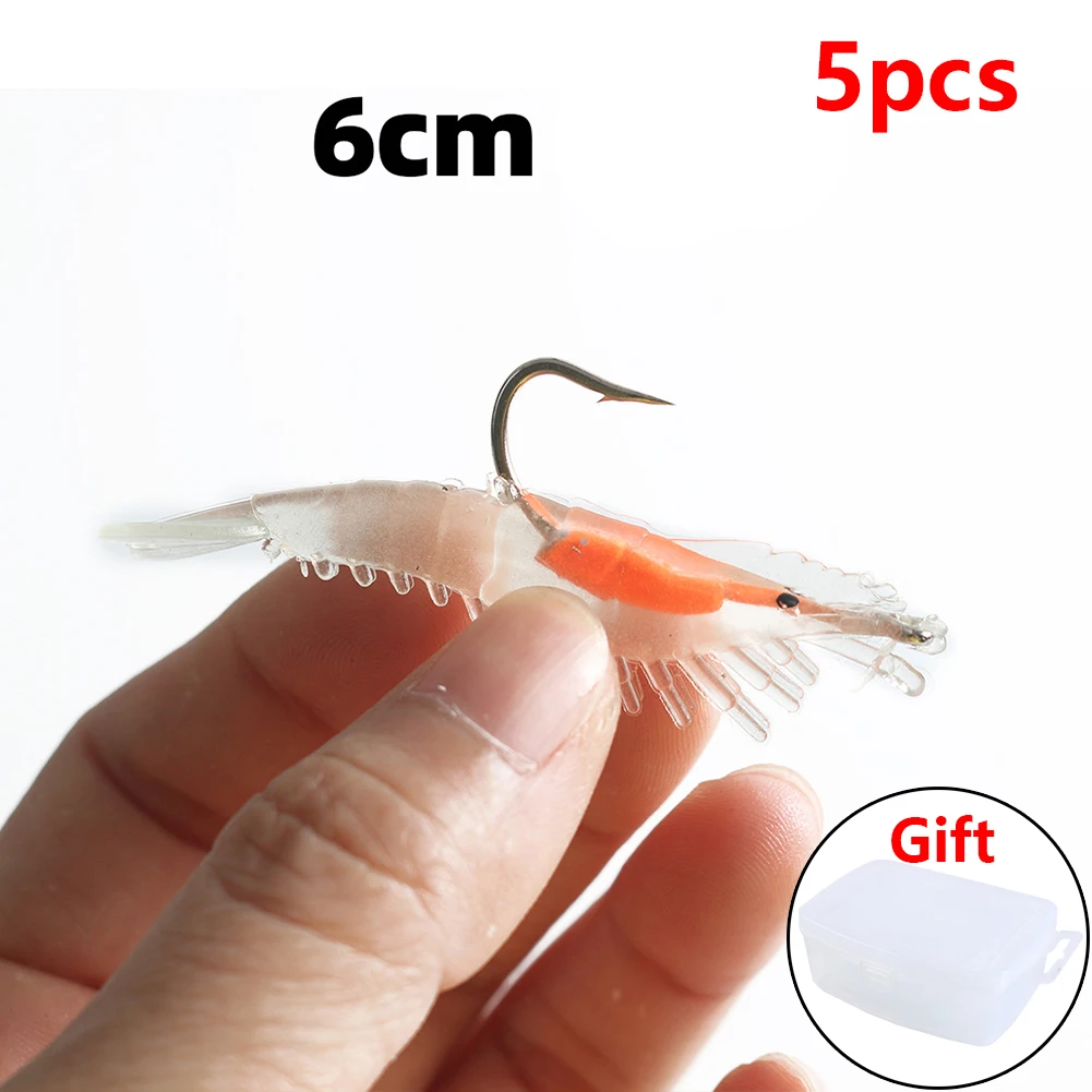 

5pcs Luminous Shrimp Baits Artificial Soft Shrimp Lure Luminous With Lead Hook Silicone Prawn Bait Fishing Accessories
