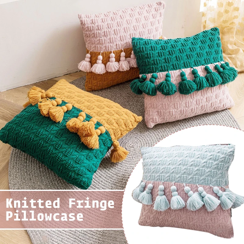 

Nordic INS Style Fashion Tassel Pillowcase Double Color Knitted Throw Pillow Cover Car Cushion Cover Home Decorative Pillowcase