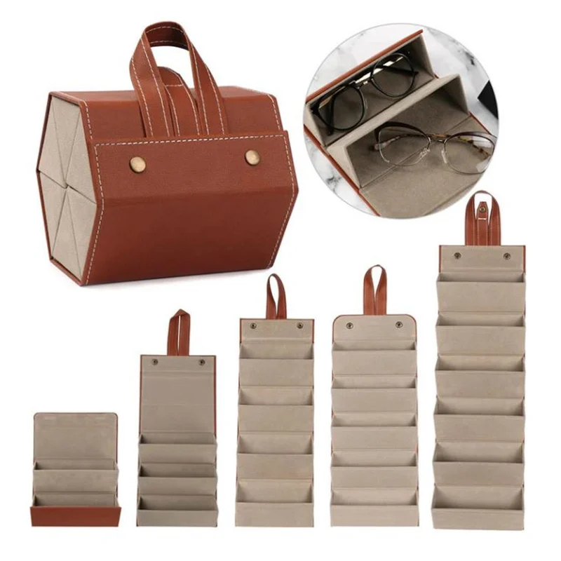 

Portable Glasses Organizer 2/3/4/5/6 Slot Eyeglasses Storage Display Bag Travel Folding Watch Jewelry Sunglasses PU Leather Case