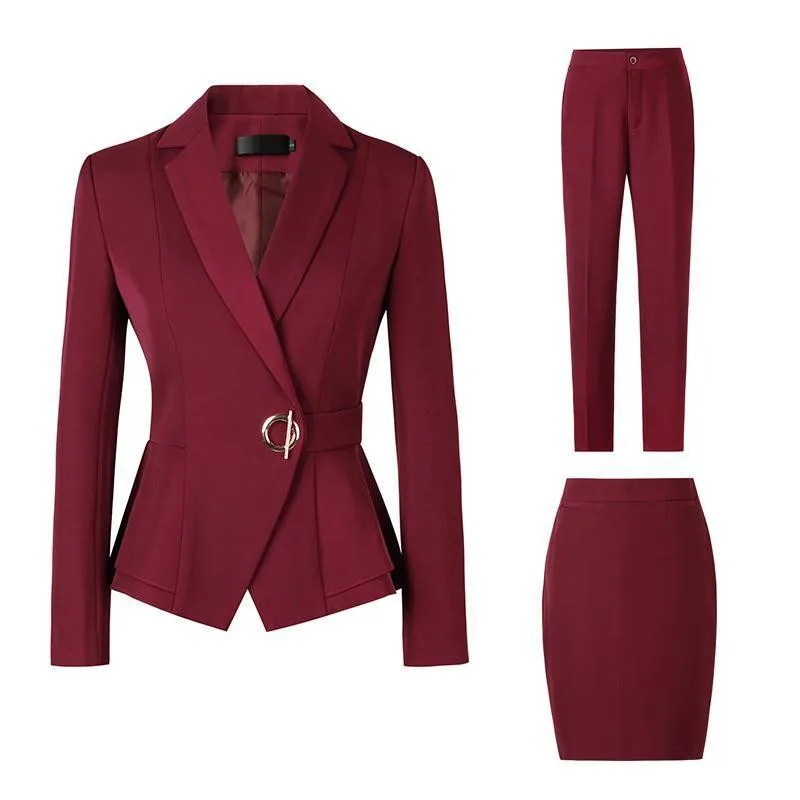 Factory spot wholesale wine red blue black 5XL women's winter two-piece formal Long Sleeve Ruffle slim fitting suit and pants of