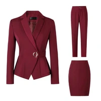 factory spot wholesale wine red blue black 5xl womens winter two piece formal long sleeve ruffle slim fitting suit and pants of