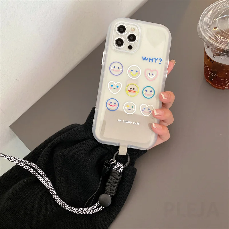 

Cute Smile Patterns Lanyard Phone Case For iPhone 11 12 13 Pro Max X XR XS Max Soft Clear Cover Neckband Shell Crossbody Rope