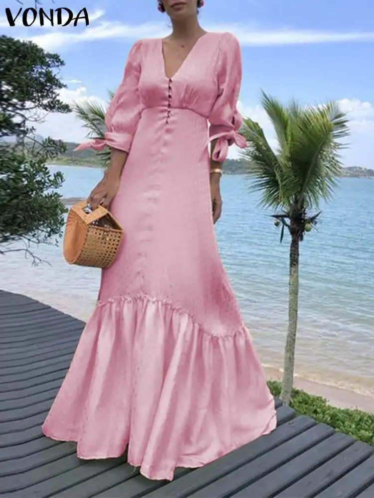 

Sexy V Neck Party Maxi Long Dress 2022 VONDA Fshion Women Solid Color Maxi Dress Beach Holiday Vestidos Femininas Sundress Femme