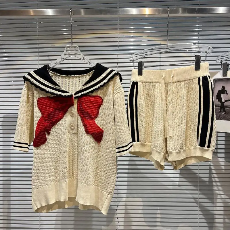 

Knit Drawstring Summer Two Piece Sets Womens Outfits Short Sleeve Sailor Collar Top High Waist Shorts 2022 New Arrivals
