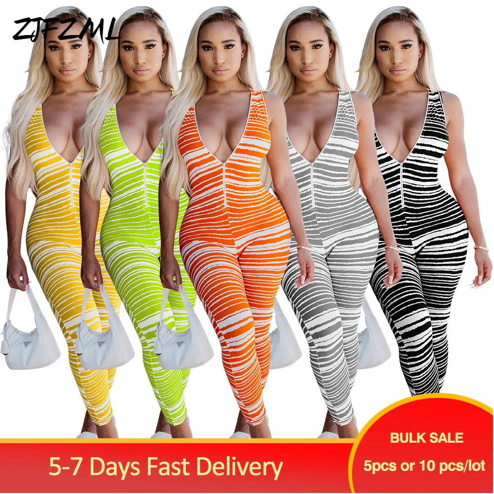 

Bulk Items Wholesale Lots Hipster Striped Printed Slim One Piece Overalls Female Fashion Plunge N-neck Sleeveless Skinny Rompers