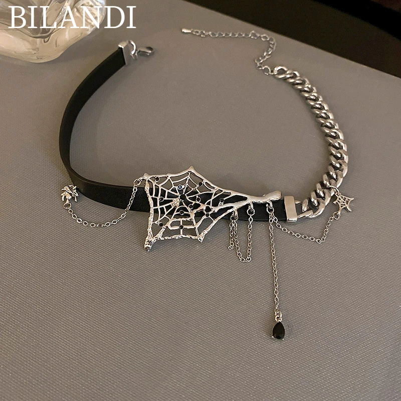 

Bilandi Fashion Jewelry Chain Black PU Choker Necklace 2022 New Trend Asymmetrical Spider Wed Women Necklace For Girl Lady Gifts