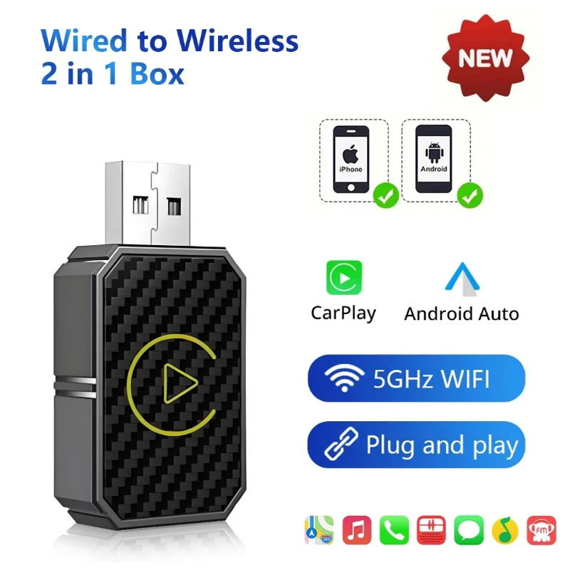 

Мини-беспроводной адаптер CarPlay и Android Auto 2 в 1, совместимый с Plug and Play iPhone/Android для Havel Kia Volvo Audi