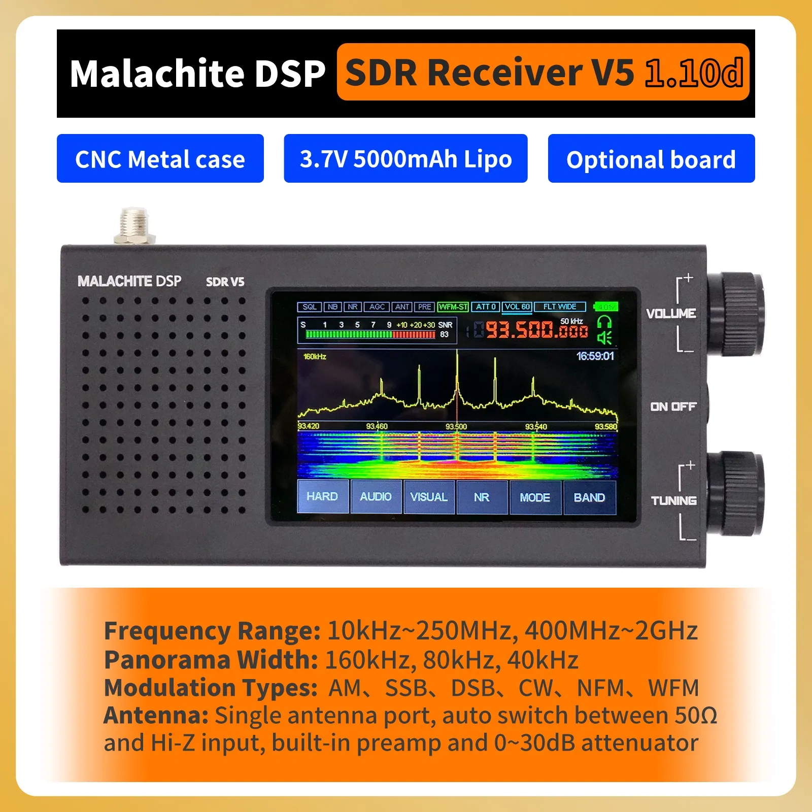 

Радиоприемник Malachite DSP SDR 1.10d V5 с дополнительной платой, металлическая стандартная 5000 мАч AM CW SSB NFM WFM