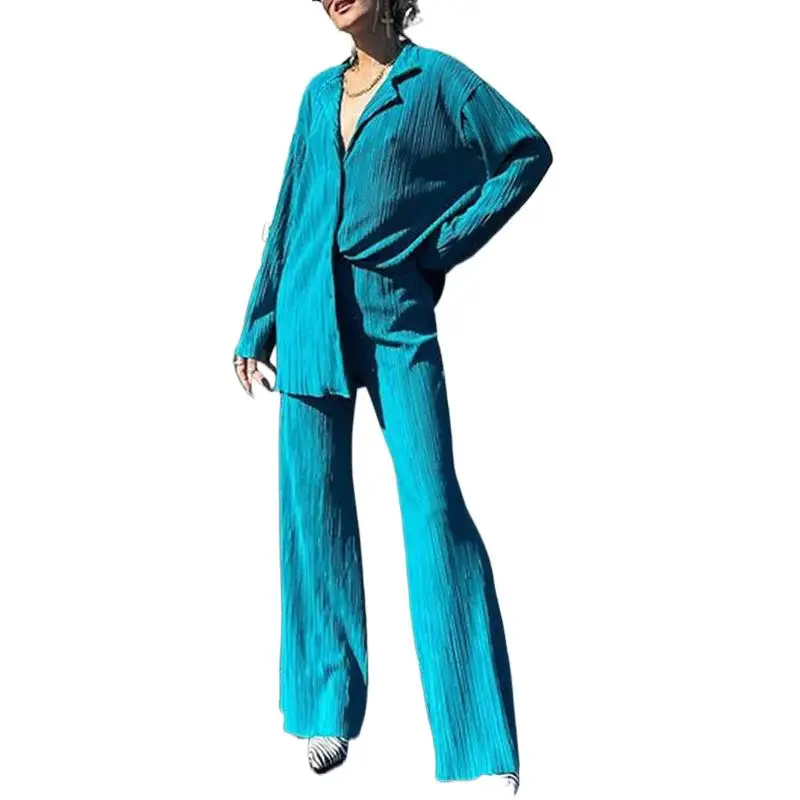 

Женский плиссированный комплект из двух предметов, свободная рубашка с высокой талией и широкие брюки, повседневный элегантный офисный кос...