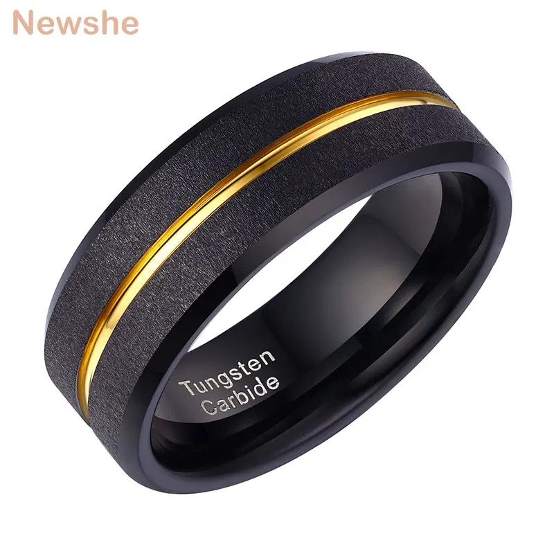 

Newshe Tungsten Carbide Wedding Rings for Men Bule Yellow Gold Color Groove Black Frosted Surface Engagement Charm Jewelry