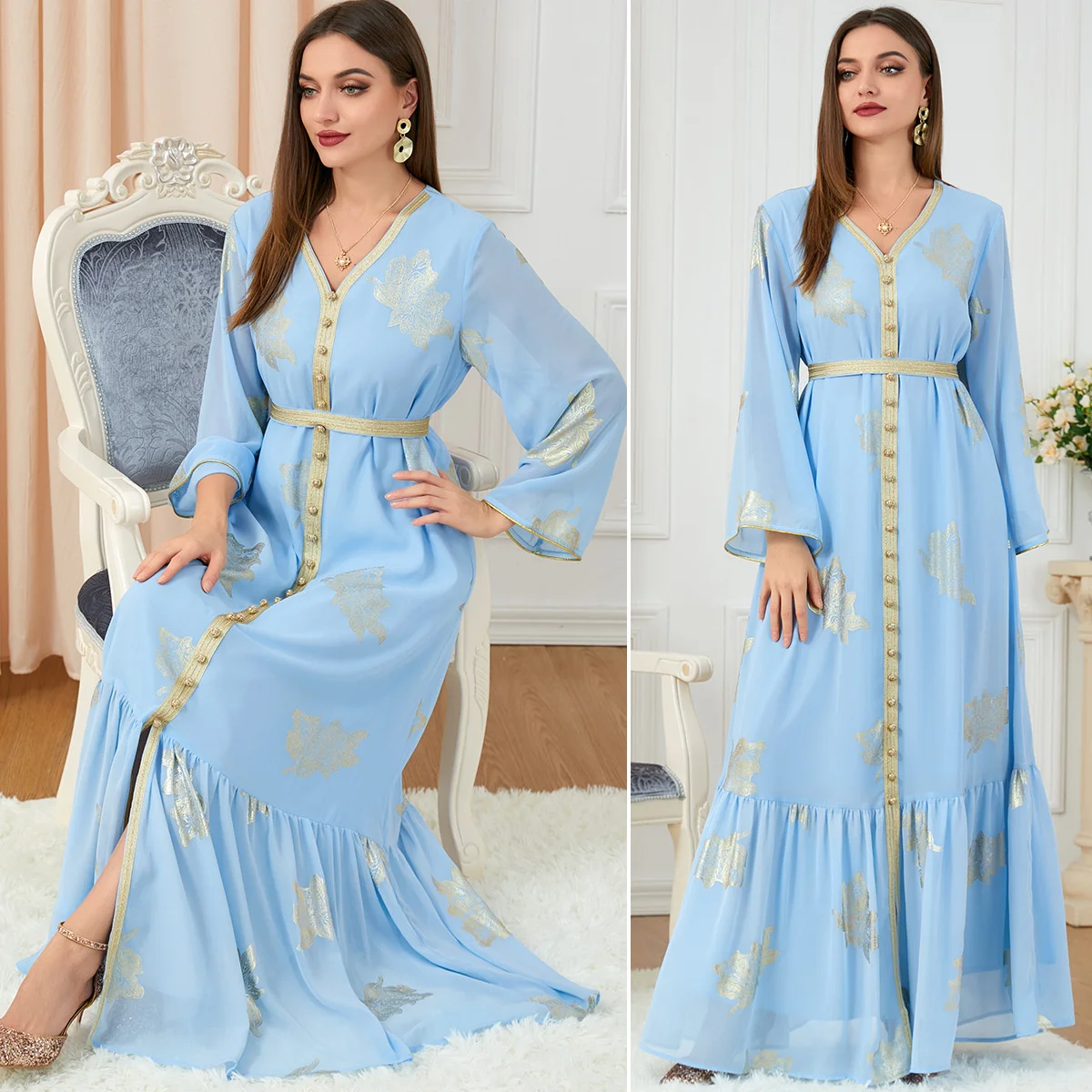 Party Dresses Abayas For Women Dubai Printed Long Sleeve V-Neck Button Tape Trim Belted Gold StampKaftan Split Hem Clothes