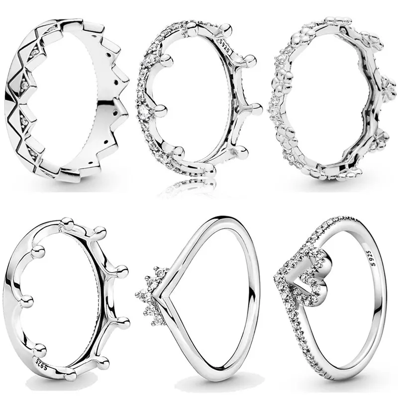 

Original 925 Sterling Silver Sparkling Wishbone Heart Spring Flower Polished Exotic Crown Ring For Women Popular DIY Jewelry