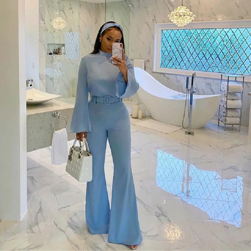 

Women Elegant Fashion Loose Wide Leg Pants Onepieces Streetwear Turtleneck Long Flare Sleeve High Waist Corset Jumpsuit Overalls