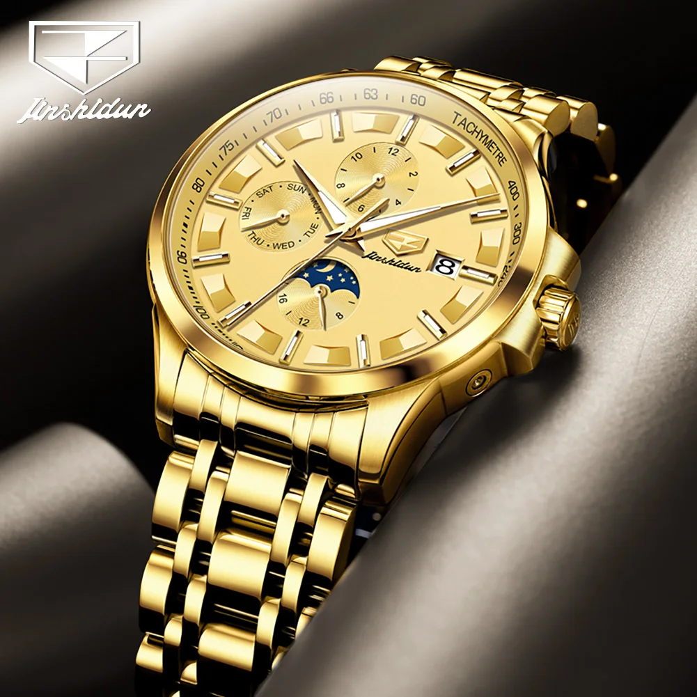 

Механические часы JSDUN для мужчин, золотые водонепроницаемые автоматические часы из нержавеющей стали с тремя глазами и шестью ручками Moonswatch, мужские часы