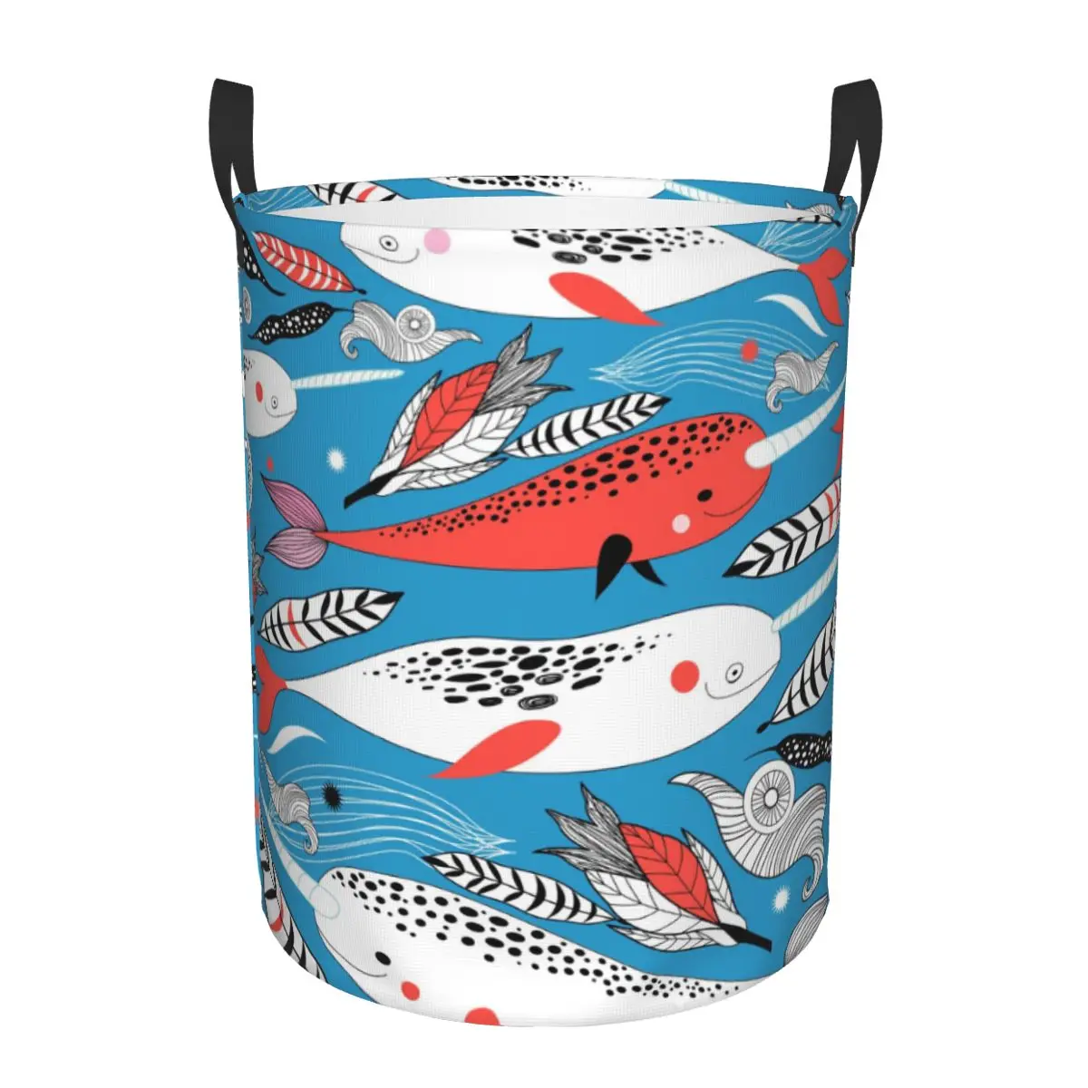 

Foldable Laundry Basket for Dirty Clothes Marine White Red Whale Feather Conch Pattern Storage Hamper Kids Baby Home Organizer