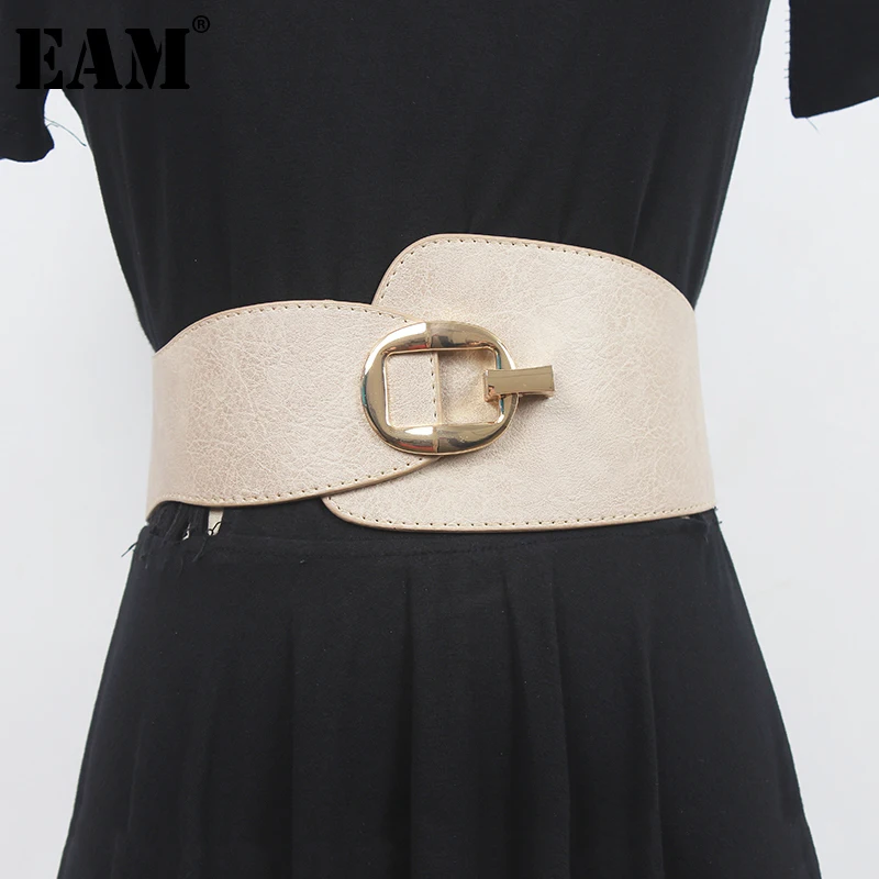 

[EAM] Pu Leather Apricot Buckle Long Wide Elastic Belt Personality Women New Fashion Tide All-match Spring Autumn 2023 1DF1773