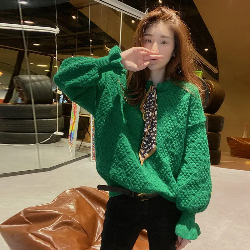 

2022 New Arrival Autumn Winter Women Long Sleeve O-neck Casual Pullover Korean Style Lantern Sleeve Knitted Sweater P442