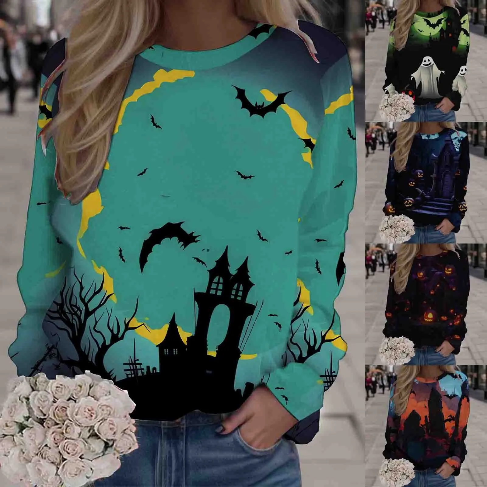 

Womens Fashion Halloween Print O Neck Sweatshirt Round Neck Fit Pullover Tops Casual Long Sleeve Workout Shirts Loose Blouse Top