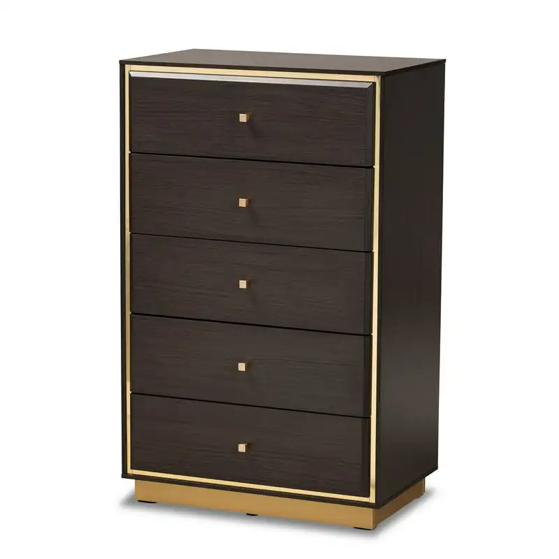 

Mid-Century Modern Transitional Dark Brown Finished Wood and Gold Metal 5-Drawer Storage Chest