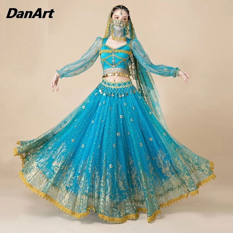 Женский костюм для танца живота длинное платье с пышной юбкой и длинным рукавом