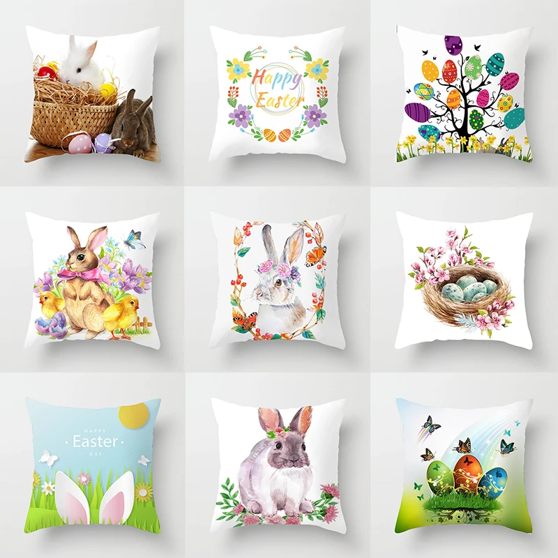 

2022 Happy Easter Pillowcase Easter Decor For Home Party Sofa Car Rabbit Bunny Eggs Polyester Pillow CoverHome Decor 45*45cm