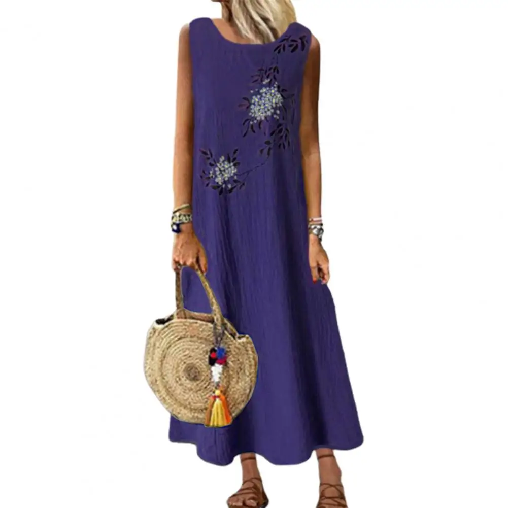

Simple Beach Dress Floral Print Streetwear Women Dress Pure Color Ankle Length Dress