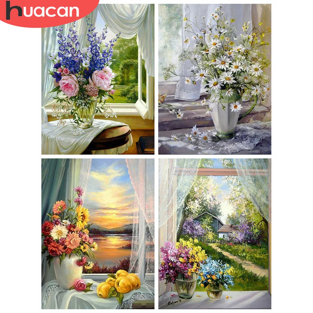 

HUACAN 5d Diamond Painting Flower Mosaic Window DIY Diamond Embroidery Cross Stitch Sunset Home Decor Needlework