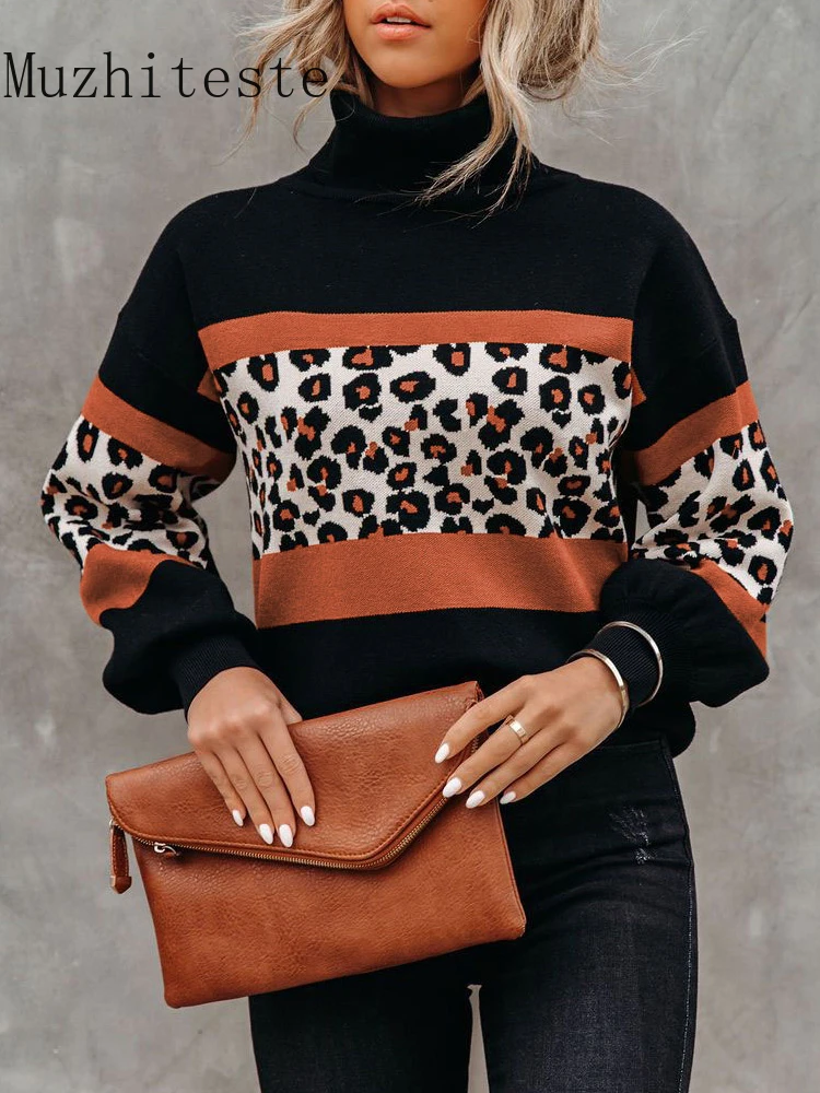 

Autumn Winter New Women's High Collar Color Matching Leopard Sweater Lantern Sleeve Leopard Sweater Oversized Sweater Pullover