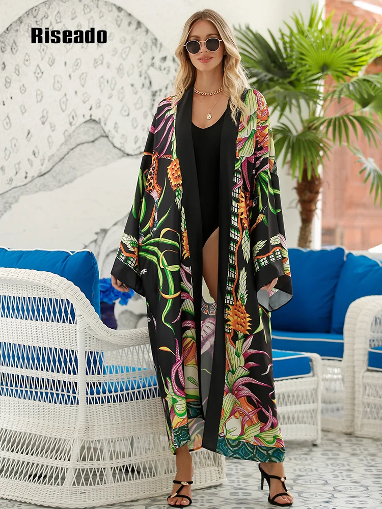 

Tropical Print Beach Cover Ups Long Dresses 2023 Swimwear Women Kimono Robe Summer Beachwear Women Clothing Cardigan