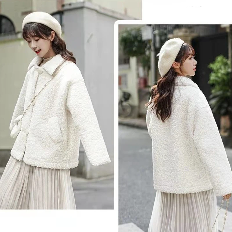 Faux Fur Thicken Coat with Bag for Women Warm Soft Loose Lamb Fur Jacket Female 2021 Winter Kawaii Overcoat Cute Button Plush