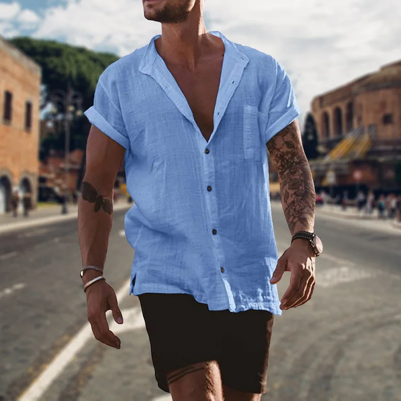 

2021 Casual Mens Linen Cotton Solid Color Shirt Summer Short Sleeve Loose Tops Male Fashion Turn-down Collar Button Shirts