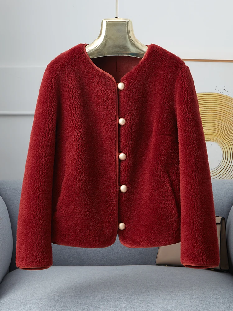 High Sense 00% шерсть ягненка мех интегрированное короткое пальто женское маленькое 2024