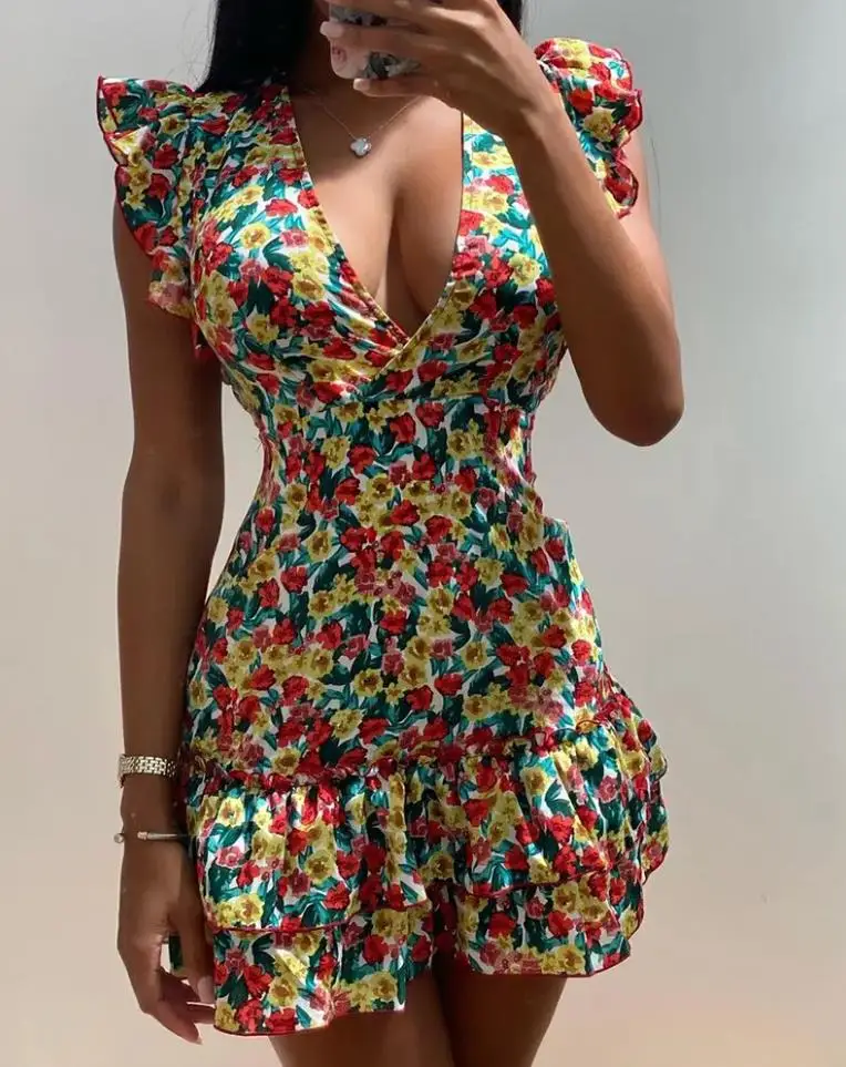 

Платье женское ТРАПЕЦИЕВИДНОЕ с цветочным принтом, V-образным вырезом и оборками