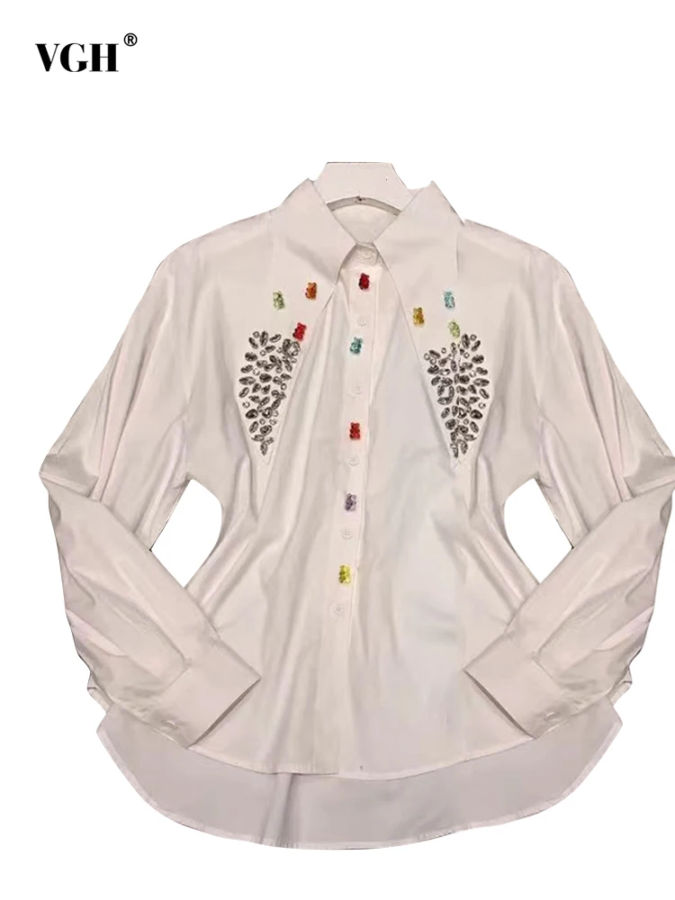 

Женская однобортная блузка со стразами VGH, Повседневная Лоскутная Блузка с отложным воротником и длинным рукавом, Весенняя модная одежда 2022
