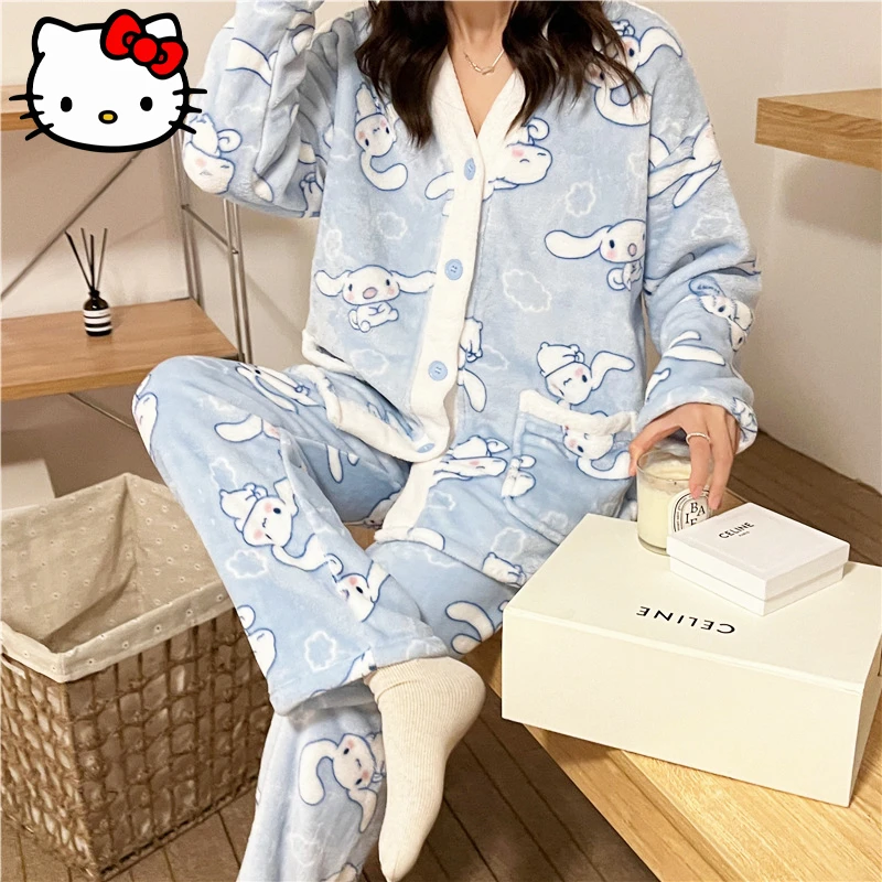 

Новая кавайная Пижама Sanrio Cinnamoroll с милыми мультяшными девушками осень-зима утолщенная бархатная домашняя одежда для студенческого общежития