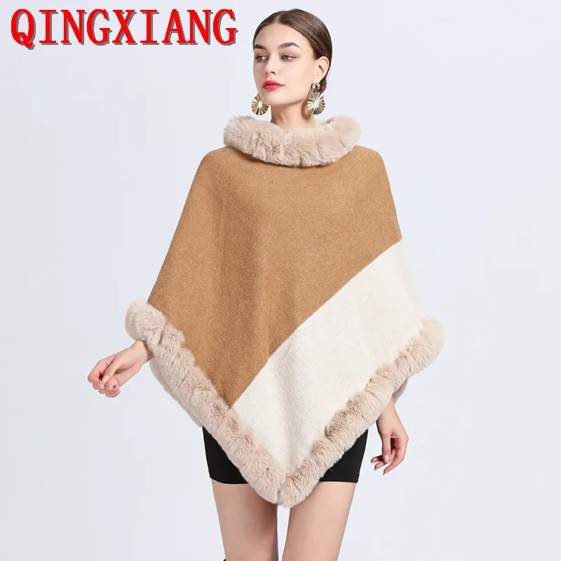 

Winter Faux Rabbit Fur Cloak Women Triangle Beige Camel Contrast Color Poncho Fashion Cape Loose Pullovers Outstreet Wear Coat
