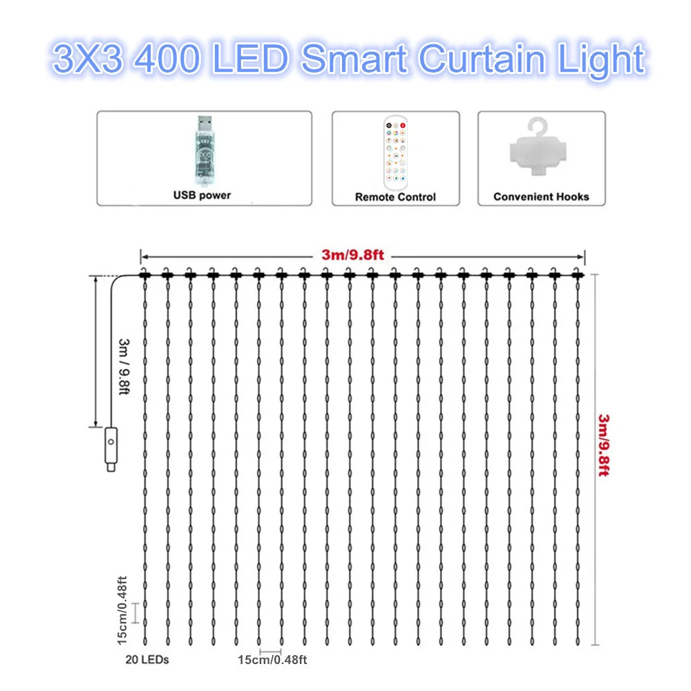DACHAN Умные светодиодные гирлянды для штор RGB 400 LED