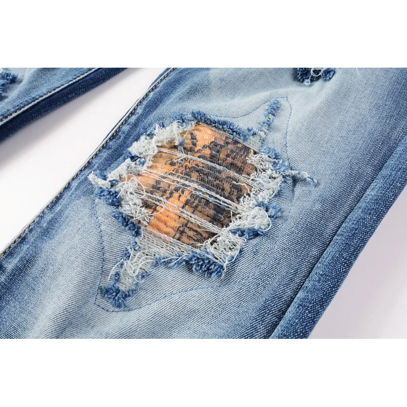 Men's Light Blue Distressed Slim Fit Streetwear Style Colorful Bandanna Patchwork Skinny Stretch Holes High Street Ripped Jeans