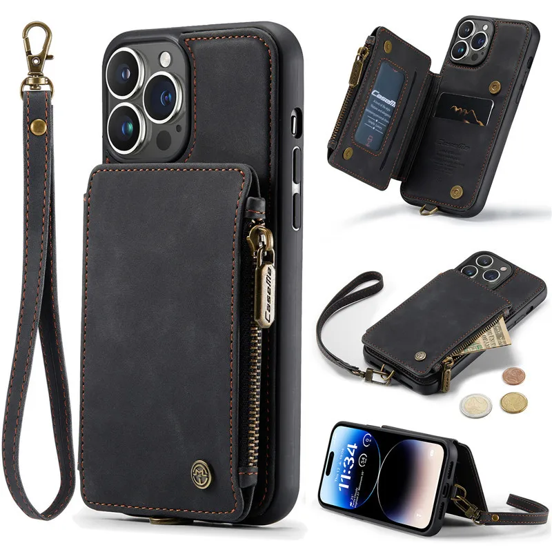 Leather Wallet Case for iPhone 14 13 12 11 Pro XS Max Mini SE 2020 8 7 Plus Zipper Purse Wallet Cover With Card Slot Phone Cases