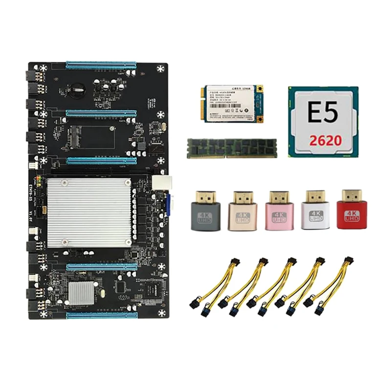 

ETH79-X5 BTC Mining Motherboard With E5 2620 CPU+128G SSD+8G DDR3 RAM+Virtual Display+Power Cable LGA2011 5 PCIE16X 65Mm