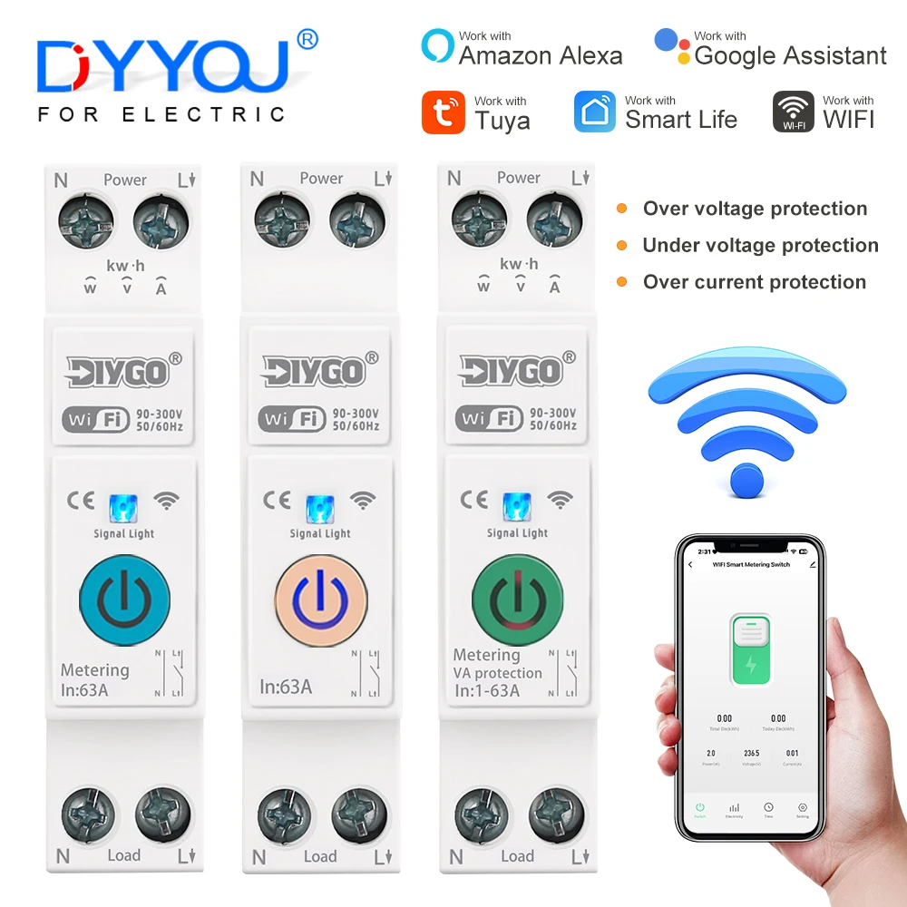 

Автоматический выключатель Tuya Wi-Fi, дистанционное управление, домашний таймер, реле DGB-63T, измерительный мониторинг, защита от напряжения и тока, приложение Smart Life