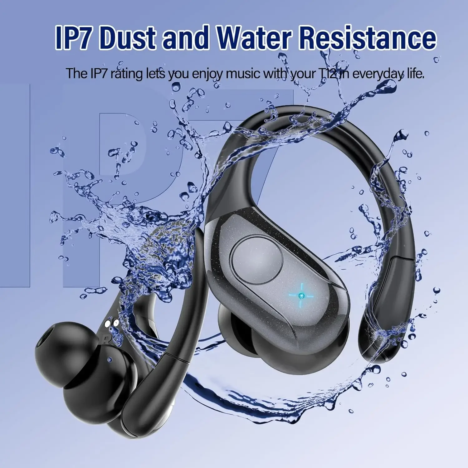 Фото T12 TWS Bluetooth наушники с микрофоном спортивные ушные крючки светодиодный дисплей беспроводные наушники Hi-Fi стерео наушники IPX7 водонепроницаемые гарнитуры №5