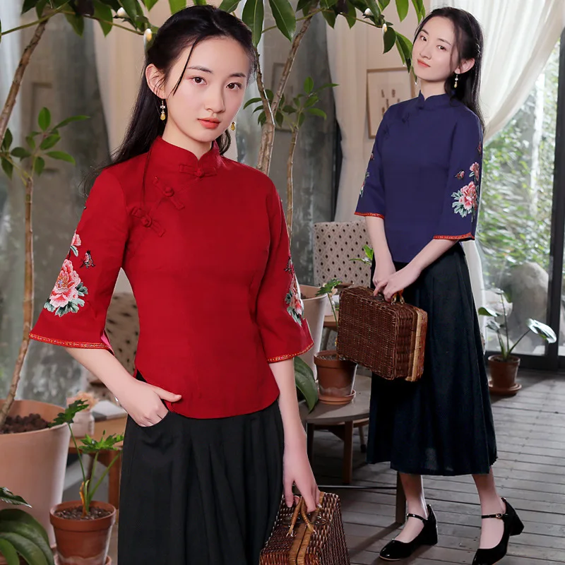 

Spring Women Retro Ethnic Style Stand Collar Shirts Chinese Cotton Linen Embroidered Cheongsam Tops Zen Tea Elegant Qipao Blouse
